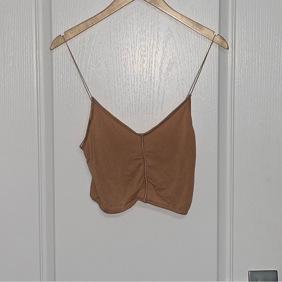 JOAH BROWN Peach Spaghetti Cable Strap Crop Top Ruched Lines Sz Medium / Large - Picture 4 of 11